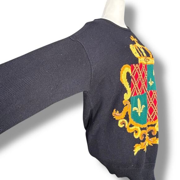 Vintage 90s Marisa Christina Black Knit Crewneck Crest Coat of Arms Sweater - Picture 3 of 13